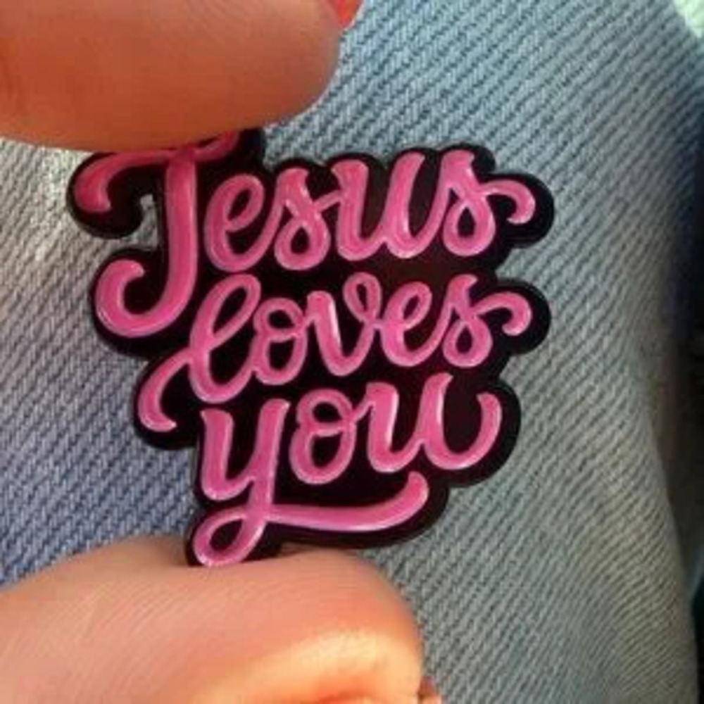 Pink 'Jesus Loves You' Pin brooch